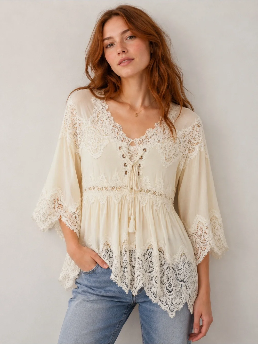 POL Crochet Bell Sleeve Boho Lace Up Peasant Top size small Summer Bohemian 70s - Picture 2 of 13